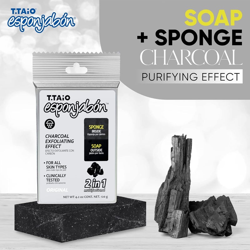 T. Taio Esponjabon Charcoal Soap Sponge - Cleansing Shower Scrubber - Cleaning Bath Wash Scrub - Oil Removal - Massage & Lather Foot, Elbow, & Face - Bathroom Accessories - Charcoal - 2 Pack - Image 2